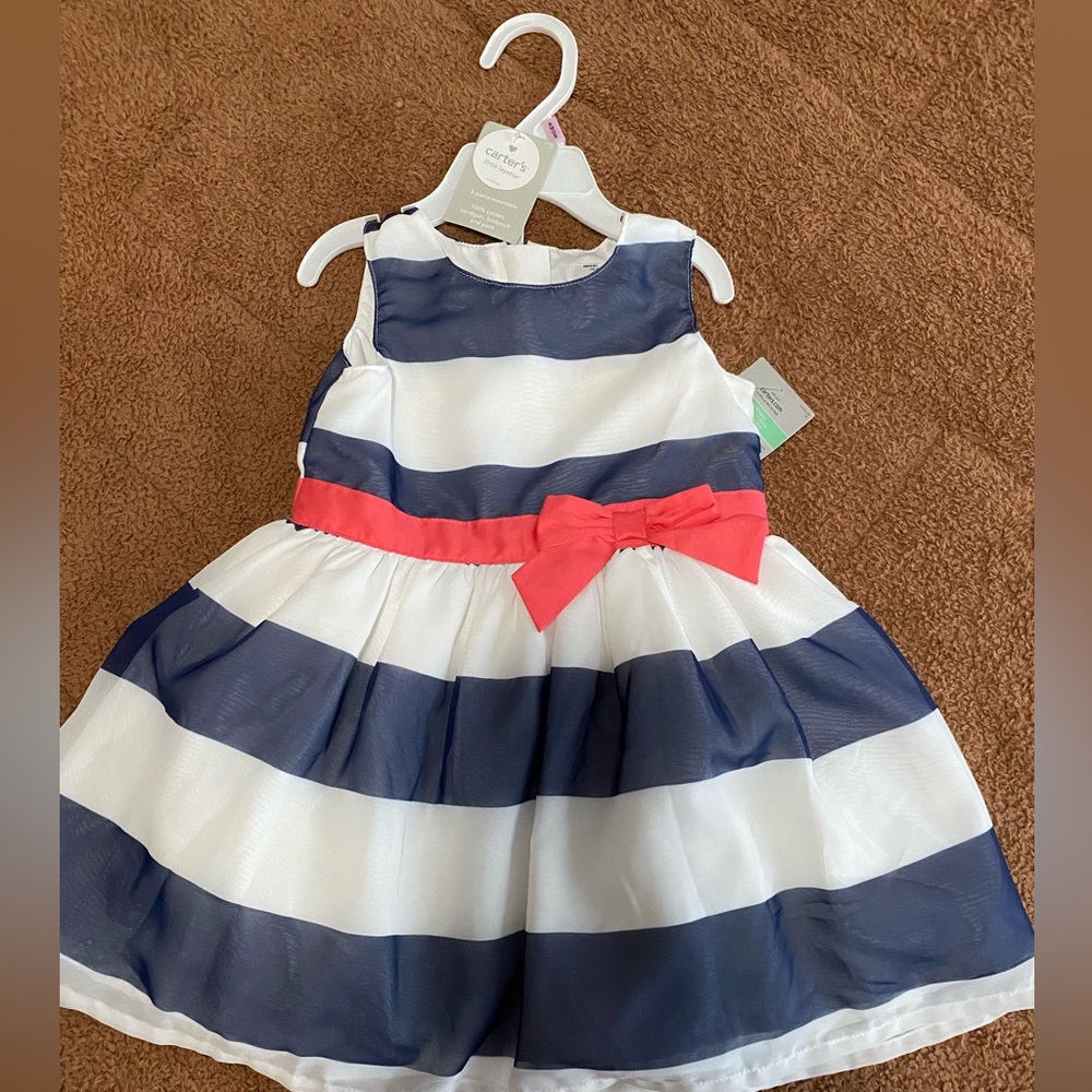 Navy and White Striped Dress with Bow